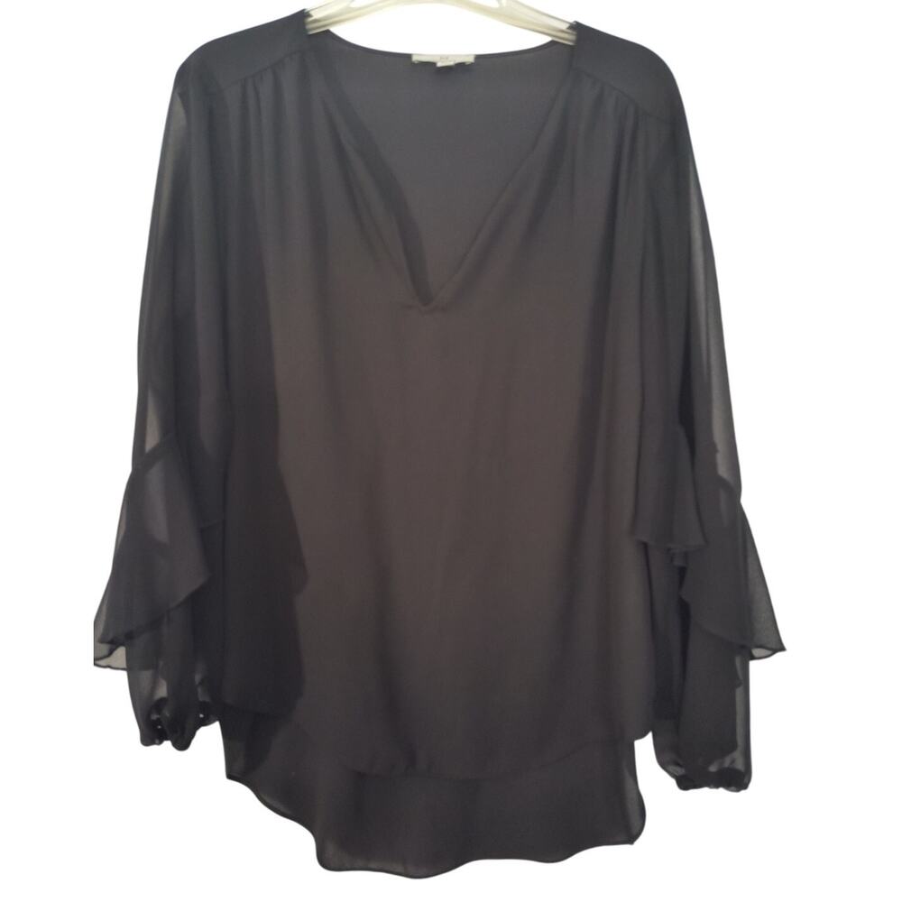 H by Halston Tunic Top Women's  L Black Long Sheer Ruffle Sleeve Popover V Neck